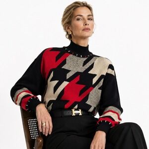 Antonella Preve Mock Neck Sweater SP Black Red Houndstooth Vintage Designer USA‎